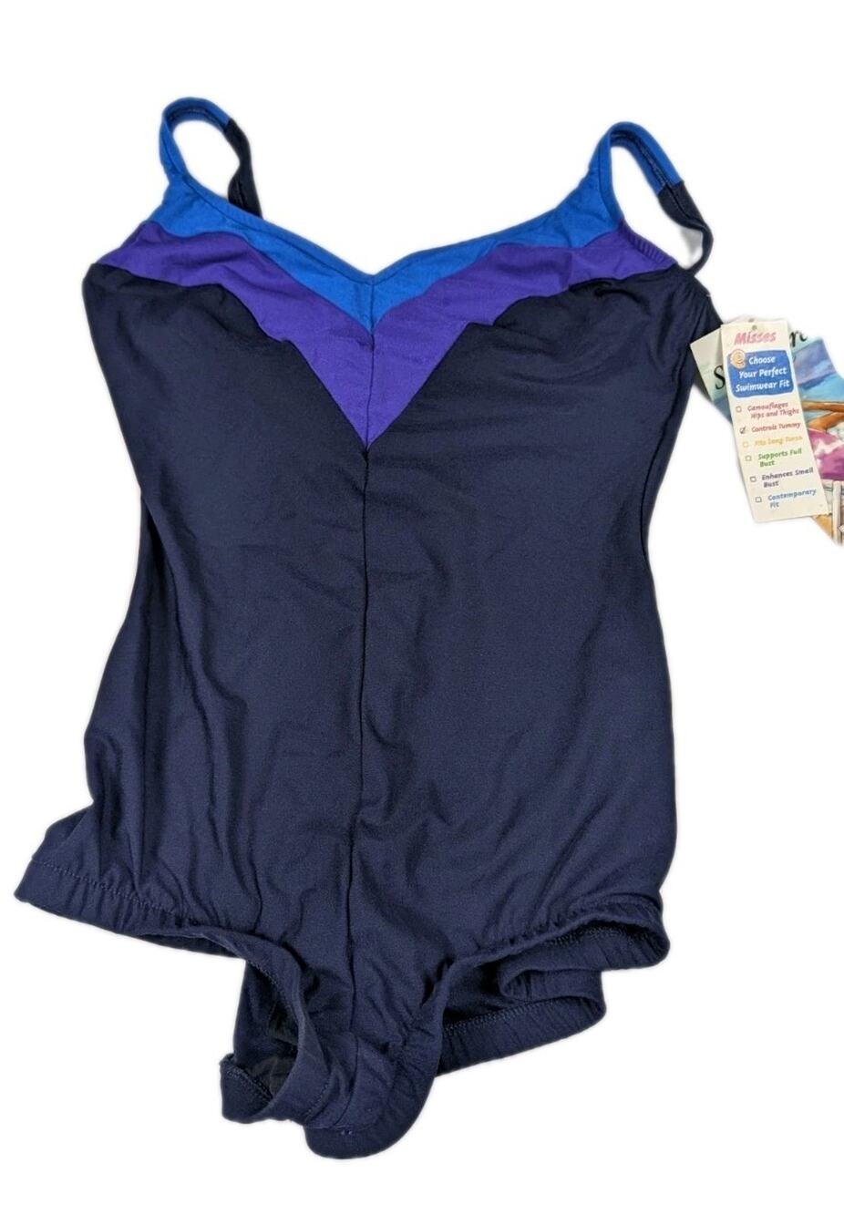 Sears Slim Allure One Piece Swimsuit Bathing Suit Size 16 Black Blue Purple